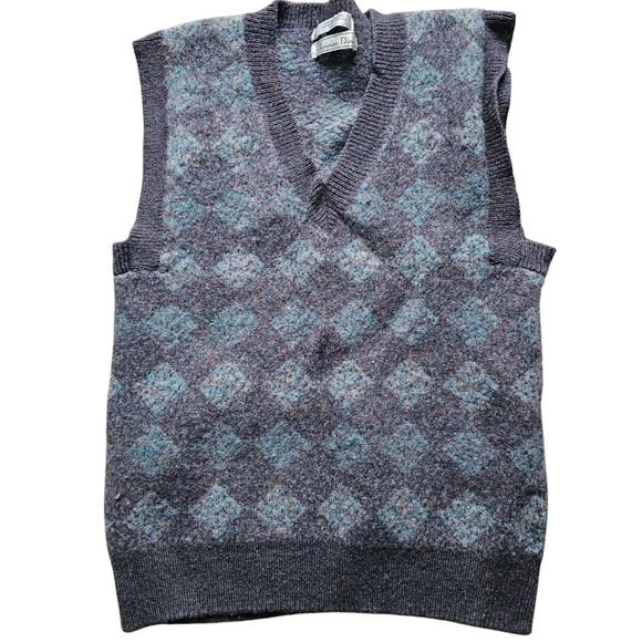 Christian Dior Vintage Argyle Wool gray blue Elegant preppy vest size S -L - Picture 1 of 8